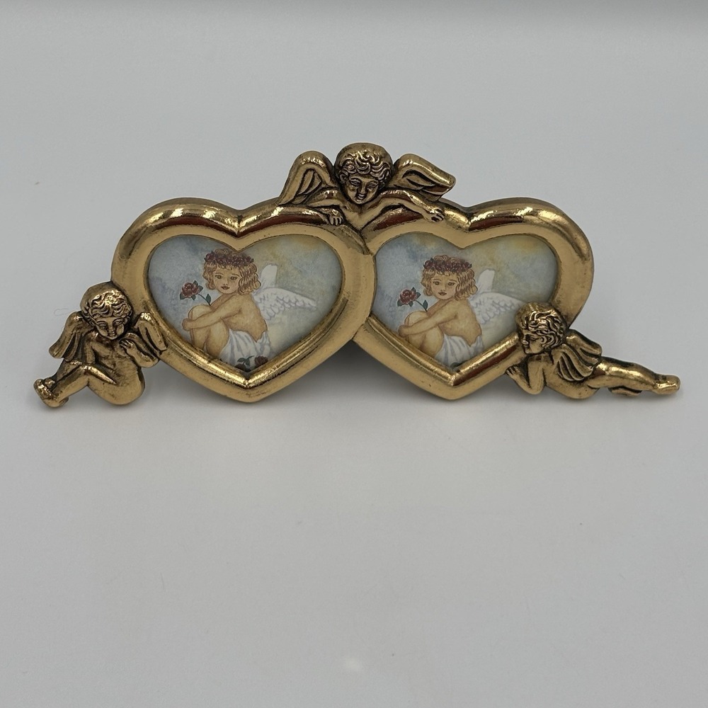 Vintage Brass Angels Trio Twin Heart Picture Frame Cherub Photo Holder Barouque - Picture 6 of 13